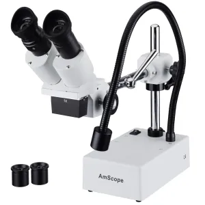AmScope SE410-Z SE410 Series Compact Fixed-Lens Binocular Stereo Microscope 10X-20X Magnification on Boom-Arm Stand w/ Gooseneck LED Light
