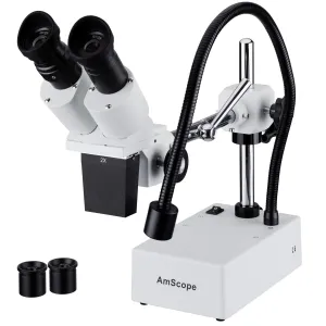 AmScope SE420-X SE420 Series Compact Fixed-Lens Binocular Stereo Microscope 10X-20X Magnification on Boom-Arm Stand w/ Gooseneck LED Light