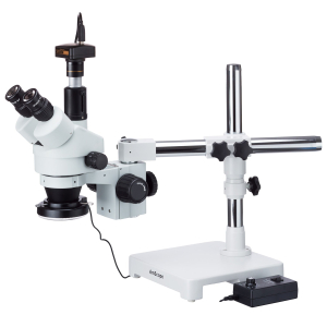 AmScope SM-3TY-144-P 7X-90X Trinocular Zoom Stereo Microscope on Boom Stand w/ 144 LED Light and Camera