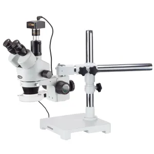 AmScope SM-3T-54S-M SM-3 Series Zoom Black Trinocular Stereo Microscope 7X-45X Magnification on Single Arm Boom Stand w/ LED and 1.3MP Camera