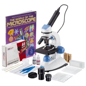 AmScope M50C-B14-WM-E3 IQCrew M50 Series Monocular Compound Microscope (Blue) 40X-1000X w/ Dual Illumination, 3MP Camera, Slide Prep Kit and Book