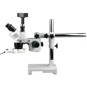 AmScope SW-3T24-FRL-MT SW-3 Series Trinocular Stereo Microscope 20X, 40X Magnification on Single Arm Boom Stand w/ Fluorescent Light and 1.3MP Camera