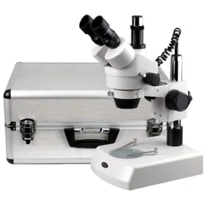 AmScope SM-2T-AC SM-2 Series Zoom Trinocular Stereo Microscope 7X-45X Magnification on Pillar Stand w/ Aluminum Carrying, Storing Case
