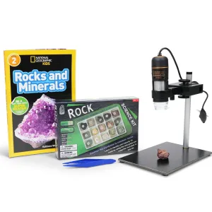 AmScope UTP200-CB-15A-NGRK-TW IQCrew Kid's 10X-200X 0.3MP Handheld USB Digital Microscope w/ Look and Learn Rock and Mineral Collecting Activity Kit