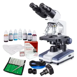 AmScope VB-B120C-EXPT Student & Professional LED Binocular Compound Microscope Value Bundle 40X-2500X Magnification w/ 3D Stage, 5MP Camera and Vital Stain Kit for Living Cells