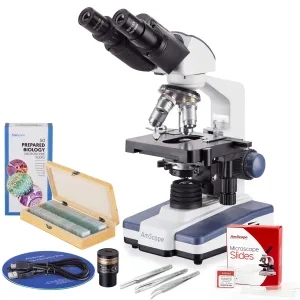 AmScope VB-B120C-PRO Binocular Compound Microscope Value Bundle 40X-2500X Magnification w/ 3D Stage, 5MP Camera, 50-Piece Slides Set, and 3-Piece Precision Tweezers Set