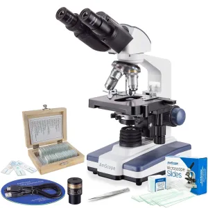 AmScope VB-B120C-STR Student & Professional LED Binocular Compound Microscope Value Bundle 40X-2500X Magnification w/ 3D Stage, 1MP Camera, 25-Piece Slides Set, and Precision Tweezers