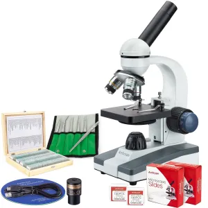 AmScope VB-M150C-PLAT Value Bundle Portable Student Monocular Compound Microscope 40X-1000X Magnification w/ LED, 1MP Camera, 6-Piece Precision Tweezers Set and 100-Piece Slide Set