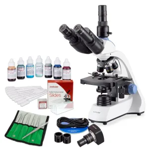 AmScope VB-T250C-EXPT LED Trinocular Compound Microscope Value Bundle 40X-2500X Magnification w/ 3D Two-Layer Mechanical Stage, 5MP Camera and Vital Stain Kit for Living Cells
