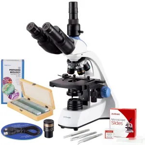 AmScope VB-T250C-PRO Trinocular Compound Microscope 40X-2500X Magnification w/ LED, 3D Two-Layer Mechanical Stage, 5MP Camera, 50-Piece Slides Set, and 3-Piece Precision Tweezers Set