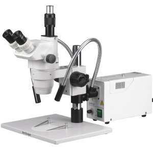 AmScope ZM-1TZ-FOD Zoom Trinocular Stereo Microscope 3.35X-90X Magnification on Pillar Stand w/ Fiber Optical Light