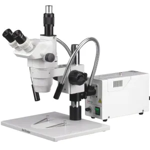 AmScope ZM-1TZ3-FOD ZM-1 Series Zoom Trinocular Stereo Microscope 2X-180X Magnification on Pillar Stand w/ Dual Fiber Gooseneck Lights
