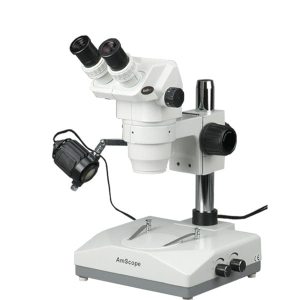 AmScope ZM-2B Ultimate Zoom Binocular Stereo Microscope 6.7X-45X Magnification on Pillar Stand w/ Two Lights