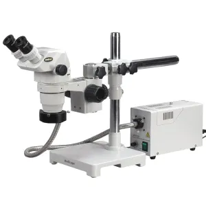 AmScope ZM-3B-FOR Ultimate Zoom Binocular Stereo Microscope 6.7X-45X Magnification on Double Arm Boom Stand w/ Fiber Optic Ring Light