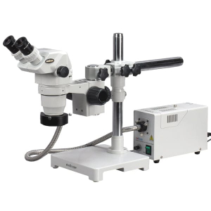 AmScope ZM-3BX-FOR ZM-3 Series Ultimate Zoom Binocular Stereo Microscope 3.35X-45X Magnification on Single Arm Boom Stand w/ Fiber Optic Ring Light