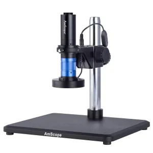 AmScope H756TDLA-C150-TS-8M H756 Series Zoom Lens Monocular Stereo Microscope 0.35X-5.6X 0.7X-5.6X w/ Detent, 1.5X C-Mount Interface, and Ring Light on Table Stand + 8MP USB 2.0 C-mount Camera