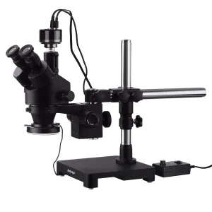 AmScope SM-3TZ-144A-HC2-B SM-3 Series Zoom Black Trinocular Stereo Microscope 3.5X-90X on Single Arm Boom Stand + 144 Adjustable LED Light, HD Camera