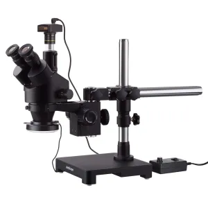 AmScope SM-3TZZ-144-10M-B SM-3 Series Zoom Black Trinocular Stereo Microscope 3.5X-180X on Single Arm Boom Stand + 144 LED Light w/ USB2 10MP Camera