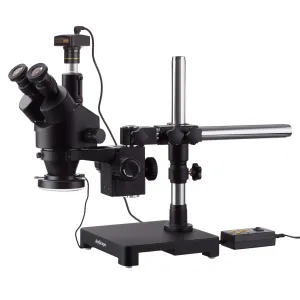 AmScope SM-3TZ-144A-5M-B SM-3 Series Zoom Black Trinocular Stereo Microscope 3.5X-90X on Single Arm Boom Stand, 144 LED Light, USB2 5MP Camera