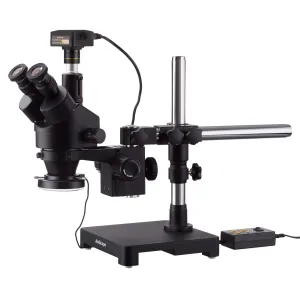 AmScope SM-3TZ-144A-5M3-B SM-3 Series Zoom Black Trinocular Stereo Microscope 3.5X-90X on Single Arm Boom Stand, 144 LED Light, USB3 5MP Camera