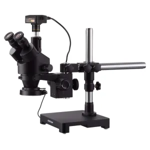 AmScope SM-3T-144S-18M3-B SM-3 Series Zoom Black Trinocular Stereo Microscope 7X-45X on Single Arm Boom Stand + 144 LED Compact Light w/ 18MP Camera