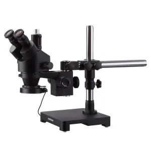 AmScope SM-3TYY-FRL-B SM-3 Series Zoom Black Trinocular Stereo Microscope 7X-135X Magnification on Single Arm Boom Stand + Fluorescent Ring Light