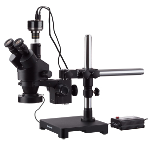 AmScope SM-3T-80MB-HC2-B SM-3 Series Zoom Black Trinocular Stereo Microscope 7X-45X on Single Arm Boom Stand w/ 80-LED Light, HD Recording Camera
