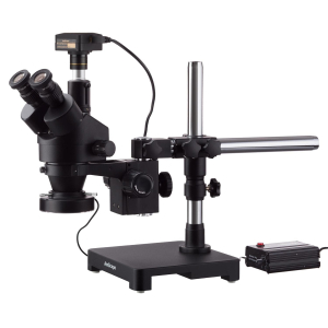AmScope SM-3TYY-80MB-14M3-B SM-3 Series Zoom Black Trinocular Stereo Microscope 7X-135X on Single Arm Boom Stand w/ HD 80-LED Light, 14MP USB3 Camera