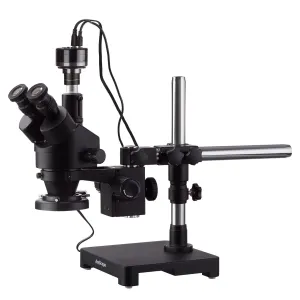 AmScope SM-3T-FRL-HC2-B SM-3 Series Zoom Black Trinocular Stereo Microscope 7X-45X on Single Arm Boom Stand + Fluorescent Light + HD Camera
