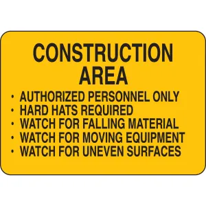 Brady 126847 Sign Construction Area Authorized Personnel Only Hard Hats Required Watch for Falling Material B-401 Polystyrene 7"x10" Black on Yellow