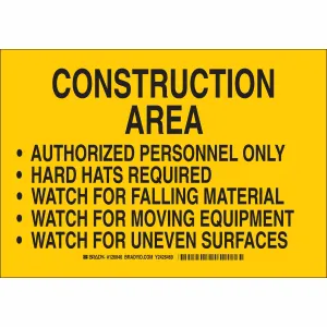 Brady 126850 Sign Construction Area Authorized Personnel Only Hard Hats Required Watch for Falling Material B-401 Polystyrene 10"x14" Black on Yellow