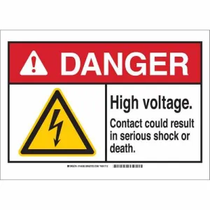 Brady 144384 Sign Danger High Voltage Contact Could Result in Serious Shock or Death B-120 Fiberglass 10"x14" ANSI Black Red Yellow on White