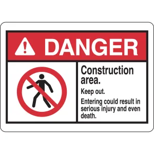 Brady 144607 10 in H x 14 in W Black, Red on White Polystyrene Sign: Danger Construction Area. Keep Out. Entering Could Result in Serious Injury...