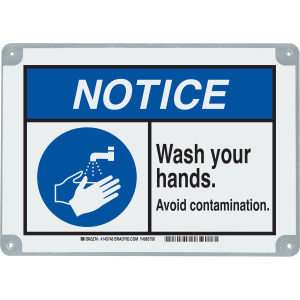 Brady 145749 10 in H x 14 in W Black, Blue on White Metal-detectable Polypropylene Sign: ToughWash Notice Wash Your Hands Avoid Contamination