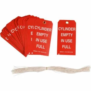 Brady 17927 Cylinder Status Tags, "CYLINDER EMPTY IN USE FULL" Legend, String Ties, White on Red, Paper, Not Laminated, 5.75 in H x 3 in W