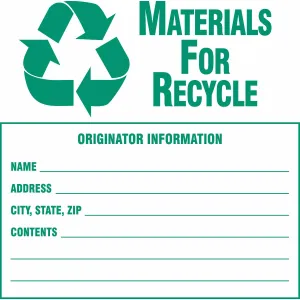 Brady 60369 "Materials For Recycle Originator Information Name Address City State Zip Contents" Labels Paper Green on White 6 x 6 in