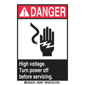 Brady 83967 5 in H x 3.5 in W Black, Red on White Polyester with Polyester Overlaminate Labels, "Danger High Voltage", Pack of 5 pcs