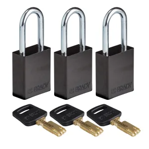 Brady ALU-BLK-38ST-KA3PK SafeKey Aluminum Lockout Padlocks, Black