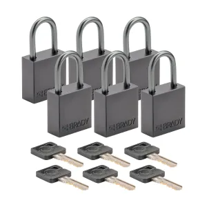Brady CPAL-BLK-25AL-KA6 Velocity Aluminum Compact Safety Lockout Padlock - Black Keyed Alike 1" Shackle Vertical Clearance 6-Pack