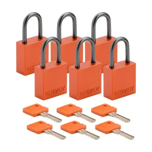 Brady CPAL-ORG-25AL-KA6 Velocity Aluminum Compact Safety Lockout Padlock - Orange Keyed Alike 1" Shackle Vertical Clearance 6-Pack