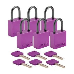 Brady CPAL-PRP-25AL-KA6 Velocity Aluminum Compact Safety Lockout Padlock - Purple Keyed Alike 1" Shackle Vertical Clearance 6-Pack