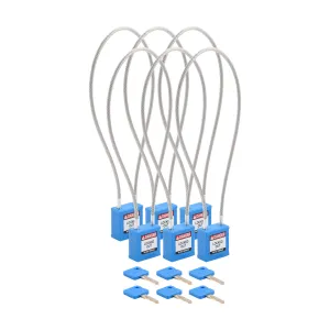 Brady CPPL-BLU-400CB-KA6 Velocity Nylon Compact Cable Safety Lockout Padlock - Blue Keyed Alike 8" Shackle Clearance 16" Cable Length 6-Pack