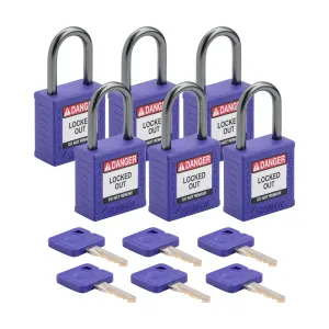 Brady CPPL-PRP-25AL-KA6 Velocity Compact Safety Lockout Padlock (Nylon Body & Aluminum Shackle) - Purple Keyed Alike 1" Shackle Clearance 6-Pack