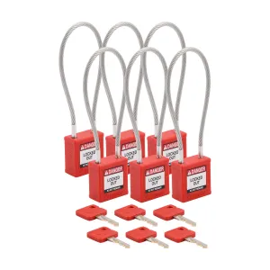 Brady CPPL-RED-200CB-KA6 Velocity Nylon Compact Cable Safety Lockout Padlock - Red Keyed Alike 4" Shackle Clearance 8" Cable Length 6-Pack