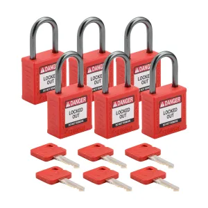 Brady CPPL-RED-25AL-KA6 Velocity Compact Safety Lockout Padlock (Nylon Body & Aluminum Shackle) - Red Keyed Alike 1" Shackle Clearance 6-Pack