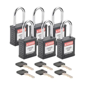Brady SDPL-BLK-38ST-KA6 Velocity Safety Lockout Padlock (Nylon Body & Steel Shackle) - Black Keyed Alike 1.5" Shackle 6-Pack