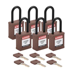 Brady SDPL-BRN-38PL-KA6 Velocity Safety Lockout Padlock (Nylon Body & Plastic Shackle) - Brown Keyed Alike 1.5" Shackle 6-Pack