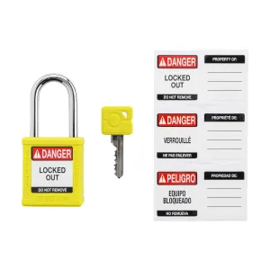Brady SDPL-YLW-38ST-020 Velocity Plus Safety Lockout Padlock (Nylon Body & Steel Shackle) Keyed Alike Set - Yellow 1.5" Shackle Key Code 020