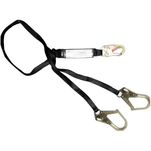 French Creek Production 22442A 6' Dual Leg Lanyard 1" Webbing 100% Tie Off Standard Snap Hook One 1-3/4" Gated Steel Locking Rebar Snap on Legs