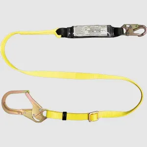 French Creek Production 454AB 6' Adjustable Shock Absorbing 1" Webbing Lanyard with Standard Snap Hooks On Shock Pack 2-1/2" Gated Rebar Snap Hook